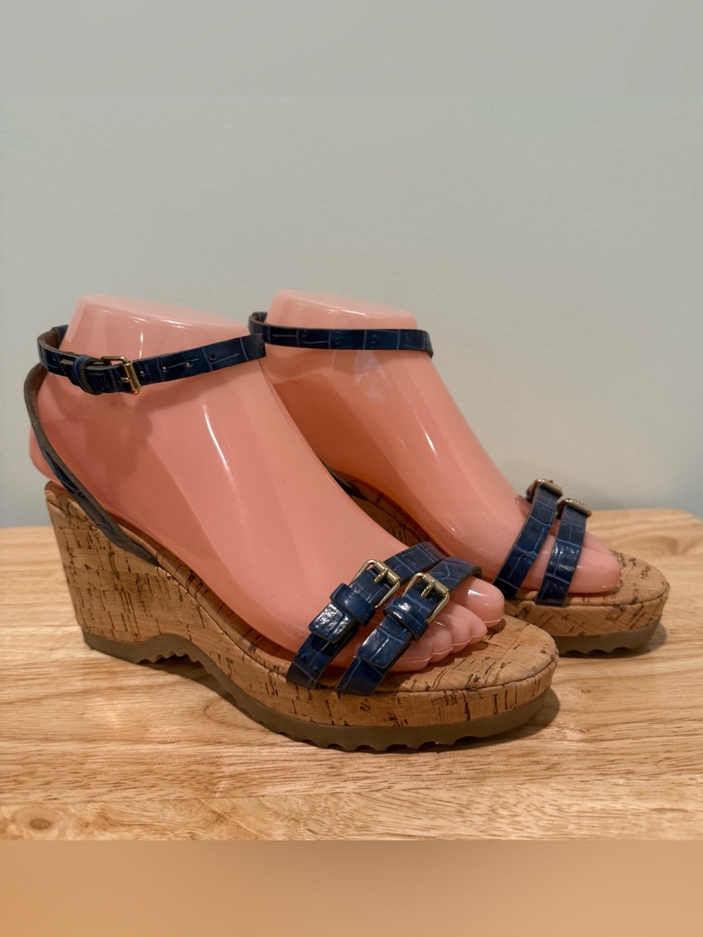 Stella McCartney Wedge Sandals with Navy Straps and Cork Sole 6.5M